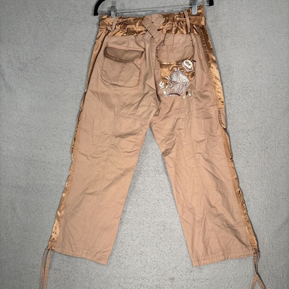 Cache Women’s Cropped Cargo Pants Size S Tan Brown Floral Boho Y2K Rave Fairy - Picture 11 of 15